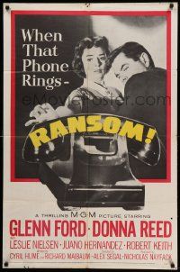 6b630 RANSOM 1sh '56 great image of Glenn Ford & Donna Reed waiting for call from kidnapper!