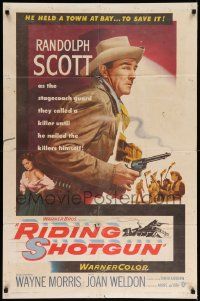 6b643 RIDING SHOTGUN 1sh '54 great artwork of cowboy Randolph Scott with smoking gun!