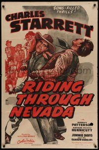 6b644 RIDING THROUGH NEVADA 1sh '42 cool art of cowboy Charles Starrett in a fistfight!