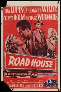 6b647 ROAD HOUSE 1sh R53 art of Ida Lupino about to kiss Cornel Wilde, film noir!