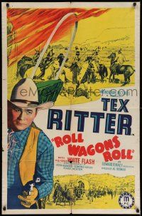 6b655 ROLL WAGONS ROLL 1sh '40 great image of Tex Ritter pointing two guns!