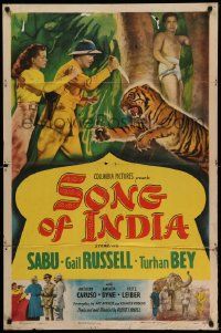 6b733 SONG OF INDIA 1sh '49 Sabu watches Gail Russell & Turhan Bey attack tiger!