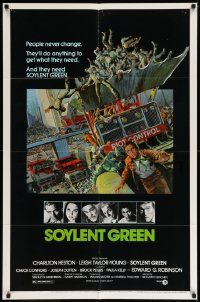 6b737 SOYLENT GREEN 1sh '73 art of Charlton Heston trying to escape riot control by John Solie!