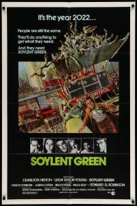 6b738 SOYLENT GREEN 1sh '73 Heston trying to escape riot control in the year 2022 by John Solie!
