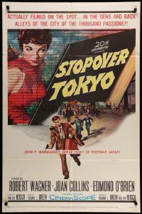 6b758 STOPOVER TOKYO 1sh '57 artwork of sexy Joan Collins & spy Robert Wagner in Japan!