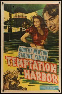 6b816 TEMPTATION HARBOR 1sh '48 Simone Simon & Robert Newton, cool waterfront crime image!