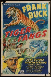 6b854 TIGER FANGS 1sh '43 Frank Buck, great art of big cat & elephants!