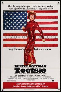 6b870 TOOTSIE advance 1sh '82 great full-length image of Dustin Hoffman in drag by American flag!
