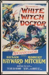 6b957 WHITE WITCH DOCTOR 1sh '53 art of Susan Hayward & Robert Mitchum in African jungle!
