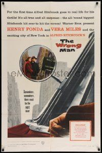 6b983 WRONG MAN 1sh '57 Henry Fonda, Vera Miles, Alfred Hitchcock, cool rear view mirror art!
