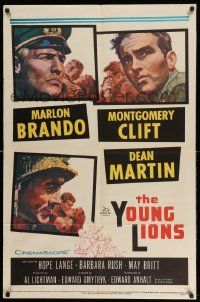 6b991 YOUNG LIONS 1sh '58 art of Nazi Marlon Brando, Dean Martin & Montgomery Clift!