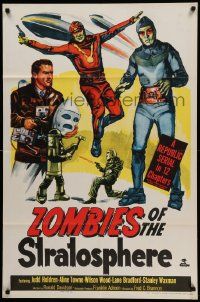 6b999 ZOMBIES OF THE STRATOSPHERE 1sh '52 Republic serial, great art of aliens with guns!