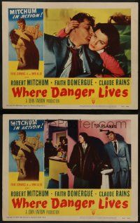 6c996 WHERE DANGER LIVES 2 LCs '50 great images of Robert Mitchum & Faith Domergue!
