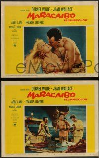 6c269 MARACAIBO 8 LCs '58 romantic artwork of Cornel Wilde & Jean Wallace in front of explosion!