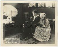 6d009 DOG'S LIFE 8x10 LC '18 c/u of Charlie Chaplin with pipe sitting by Edna Purviance knitting!