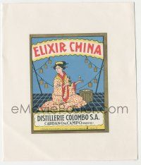 6d199 COLOMBO linen Italian 4x6 wine label '50s advertising their Elixir China, Asian woman art!