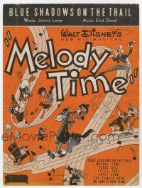 6d568 MELODY TIME sheet music '48 Walt Disney, cool cartoon art, Blue Shadows on the Trail!