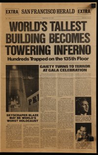6d398 TOWERING INFERNO herald '74 Steve McQueen, Paul Newman, San Francisco newspaper design!