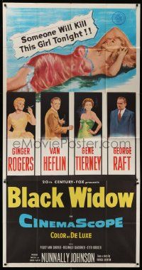 6f052 BLACK WIDOW 3sh '54 Ginger Rogers, Gene Tierney, Van Heflin, George Raft, sexy art!