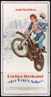 6f087 FOR PETE'S SAKE 3sh '74 Peter Yates, art of zany Barbra Streisand on motorcycle by Bysouth!