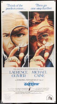 6f157 SLEUTH 3sh '72 Laurence Olivier & Michael Caine, cool magnifying glass image!