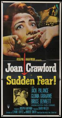 6f165 SUDDEN FEAR 3sh '52 extreme close-up of terrified Joan Crawford, film noir!