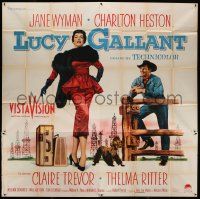 6f227 LUCY GALLANT 6sh '55 full-length image of sexy Jane Wyman walking dog, plus Charlton Heston!