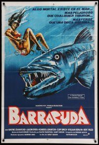6f694 BARRACUDA Argentinean '78 great artwork of huge killer fish attacking sexy diver in bikini!