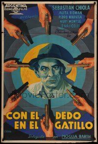 6f731 CON EL DEDO EN EL GATILLO Argentinean '40 wild artwork of eight guns pointed at man!