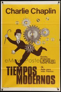 6f860 MODERN TIMES Argentinean R70s Leo Kouper art of Charlie Chaplin running by giant gears!