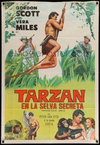 6f950 TARZAN'S HIDDEN JUNGLE Argentinean '55 artwork of Gordon Scott as Tarzan swinging on vine!