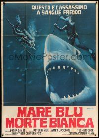 6f283 BLUE WATER, WHITE DEATH Italian 1p '72 art of blue shark & divers by Fiorenzi!