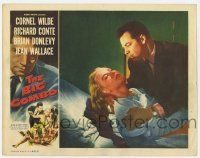 6j052 BIG COMBO LC '55 close up of Cornel Wilde holding pretty Jean Wallace in hospital bed!