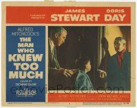 6j329 MAN WHO KNEW TOO MUCH LC #8 '56 Alfred Hitchcock, Jimmy Stewart & Olsen w/armed Bernard Miles