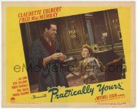 6j386 PRACTICALLY YOURS LC #6 '44 Air Force pilot Fred MacMurray smiles at Claudette Colbert w/dog!