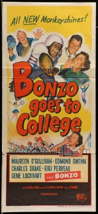 6k730 BONZO GOES TO COLLEGE Aust daybill '52 art of chimp playing football, all new monkeyshines!