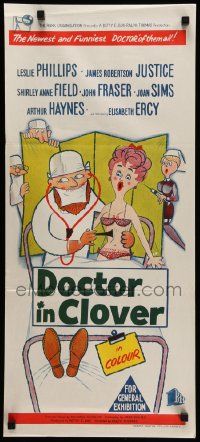 6k769 DOCTOR IN CLOVER Aust daybill '66 wacky artwork of doctor examining half-naked girl!