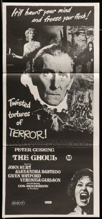 6k805 GHOUL Aust daybill '75 close-up of Peter Cushing, cannibals, wild horror images!