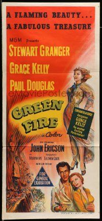6k813 GREEN FIRE Aust daybill '54 art of beautiful full-length Grace Kelly & Stewart Granger!