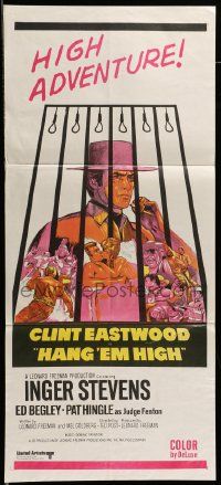 6k821 HANG 'EM HIGH Aust daybill '68 Clint Eastwood, they hung the wrong man, cool art!