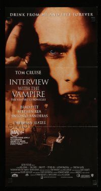 6k841 INTERVIEW WITH THE VAMPIRE Aust daybill '94 c/u of fanged Tom Cruise, Brad Pitt, Anne Rice