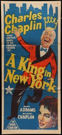 6k847 KING IN NEW YORK Aust daybill '57 artwork of Charlie Chaplin, Dawn Addams!