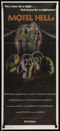 6k876 MOTEL HELL Aust daybill '80 wild horror art, they came for a night, stayed for a nightmare!