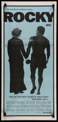 6k931 ROCKY Aust daybill '77 Sylvester Stallone with Talia Shire, boxing, blue background!