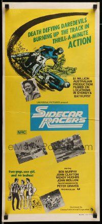6k945 SIDECAR RACERS Aust daybill '75 motorcycle racing from Down Under, 2 guys, 1 girl, no brakes
