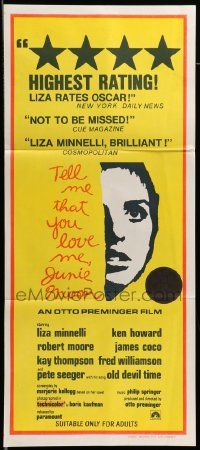 6k962 TELL ME THAT YOU LOVE ME JUNIE MOON Aust daybill '70 Otto Preminger, art of Liza Minnelli!