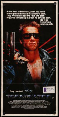 6k963 TERMINATOR Aust daybill '84 super close up of classic cyborg Arnold Schwarzenegger w/gun!