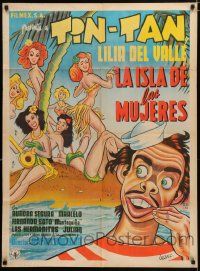6k122 LA ISLA DE LAS MUJERES Mexican poster '53 art of Tin-Tan on island with sexy babes by Urzaiz!