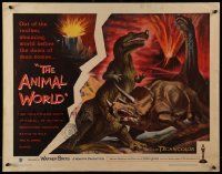 6p021 ANIMAL WORLD 1/2sh '56 great artwork of prehistoric dinosaurs & erupting volcano!