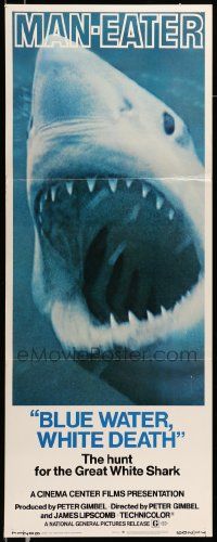 6p533 BLUE WATER, WHITE DEATH insert '71 super close image of great white shark with open mouth!